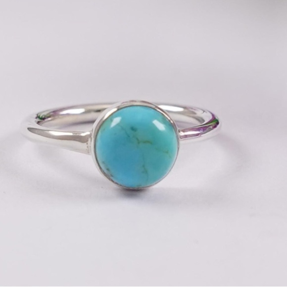 New Kingman Turquoise Ring: 925 Sterling Silver Handmade Round Cabochon Gemstone